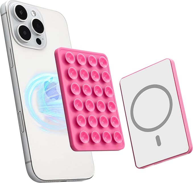 Sucky Upgraded Magnetic Suction Cell Phone Grip for MagSafe Case, Silicone Octo Cup Buddy Holder, Durable Magnet Phone Accessory for iPhone and Android (Pink)