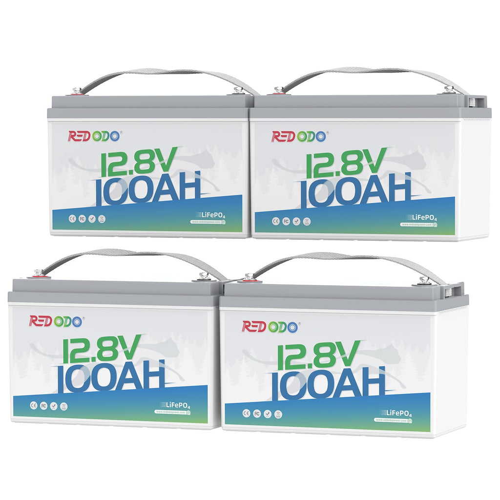 Redodo 4 Pack 12V 100Ah Lithium LiFePO4 Battery, Group 31 Battery Built in 100A BMS, Up to 15000 Cycles, 10 Years Lifetime, Perfect for RV, Off Grid, Solar, Marine, Trolling Motor