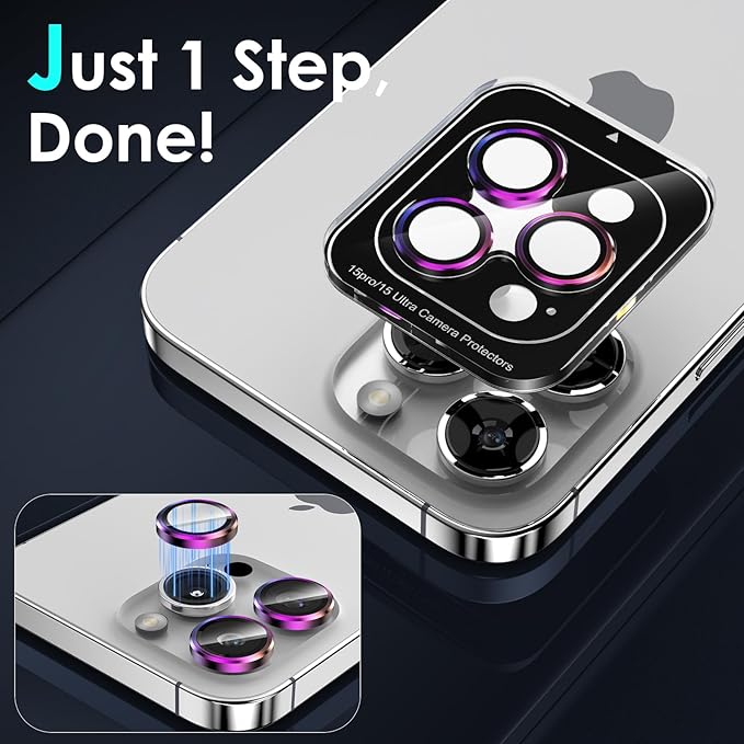 YWXTW CameraLens Protector,[1 Step Installation Tray] Tempered Glass Screen Metal Individual Cover Accessories Case Friendly (Multi-Coloured Titanium) (iPhone 15 Pro/15 Pro Max)