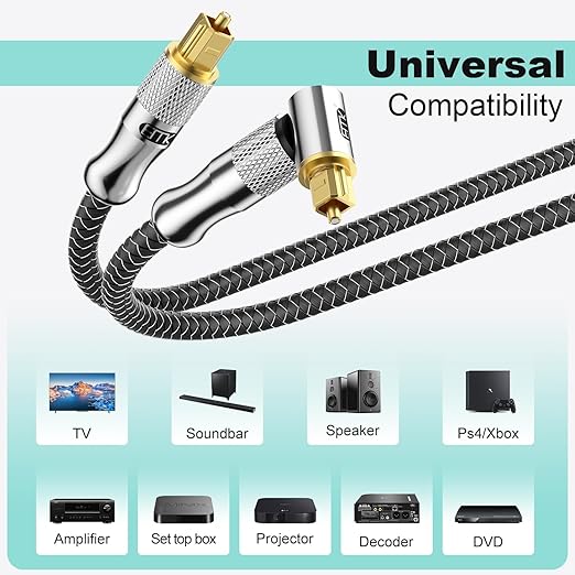 EMK Premium 24K Gold-Plated Right Angle Optical Cable – 90° Toslink to Toslink (3M/10Ft), 360° Rotatable for Soundbars, TVs & Home Theater
