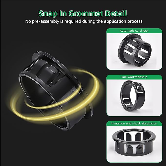 2"(50mm) Black Snap-in Knockout Insulating Bushing Grommets, Plastic Cable Hole Grommets for Wiring, Round Nylon Snap in Locking Electrical Wire Cord Hose & Tubing Bushings Grommets, 6pcs