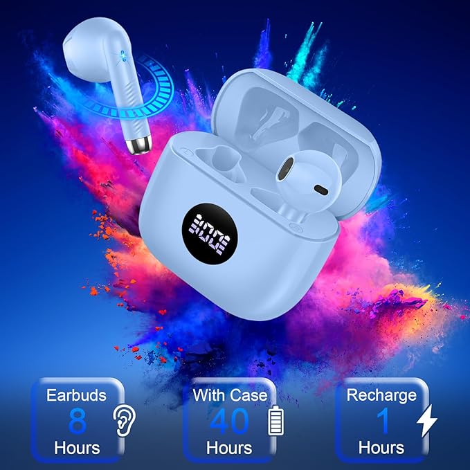 Wireless Earbuds, Bluetooth 5.3 Ear Buds LED Power Display Headphones Bass Stereo, Bluetooth Earbuds in-Ear Noise Cancelling Mic, 40H Playback Mini Case IP7 Waterproof Sports Earphones for Android iOS