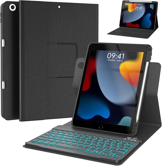 Keyboard Case for iPad 9th/8th/7th Generation 10.2 inch 2021/2020/2019 & ipad Pro 10.5-inch & ipad Air 3 2019-Backlit Detachable keyboard 360° Rotatable Folio Cover with upper pencil holder-(Black)