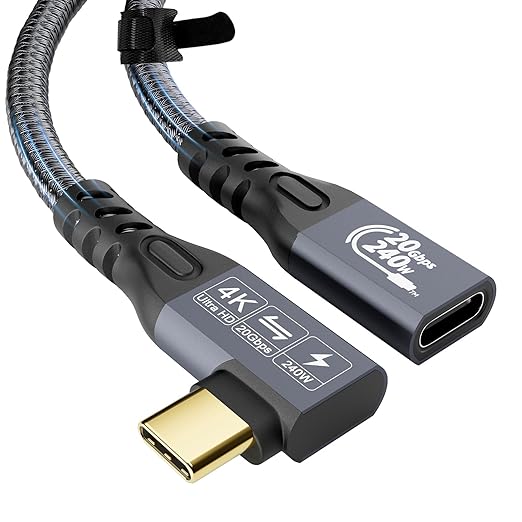 CABLEDECONN USB C 3.2 Gen-2 Extension Cord 2M 6.6FT 90 Degree Elbow Thunderbolt 3 240W Fast Charging Cable Male to Female Data Transfer 20Gbps 48V/5A 4K Video Cable Compatible with MacBook