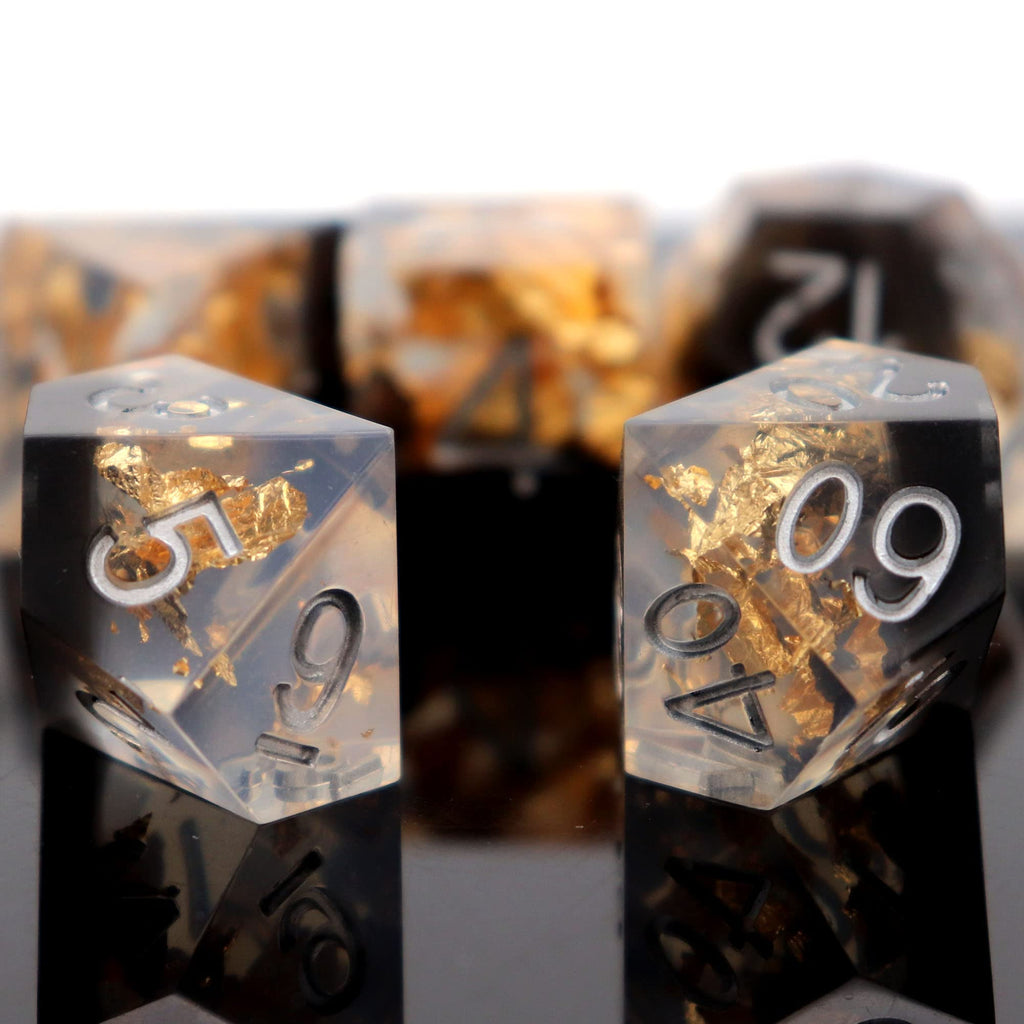 Haxtec DND Dice Set Black Sharp Edge Resin Dice Gold Flakes with Dice Case Black White Gold D&D Dice for RPG Role Playing Games Compatible with Dungeons and Dragons Gift War Series