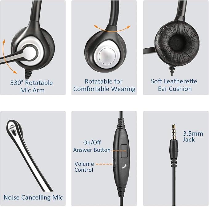Cell Phone Headset with Microphone Noise Cancelling & Call Controls, 3.5mm Computer Headphones for Samsung PC Business Skype Softphone Call Center Office, Clear Chat, Ultra Comfort