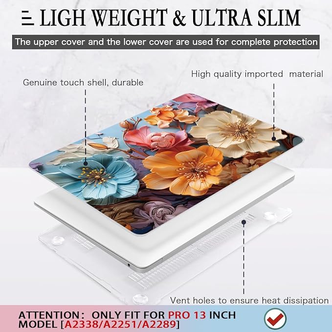 CISSOOK Compatible with MacBook Pro 13 Inch Case 2025 2024 2023 2021 2020 Release M2 M1 A2338 A2289 A2251, Hard Shell Case & Keyboard Cover for MacBook Pro 13 with Touch Bar, Silk Flowers