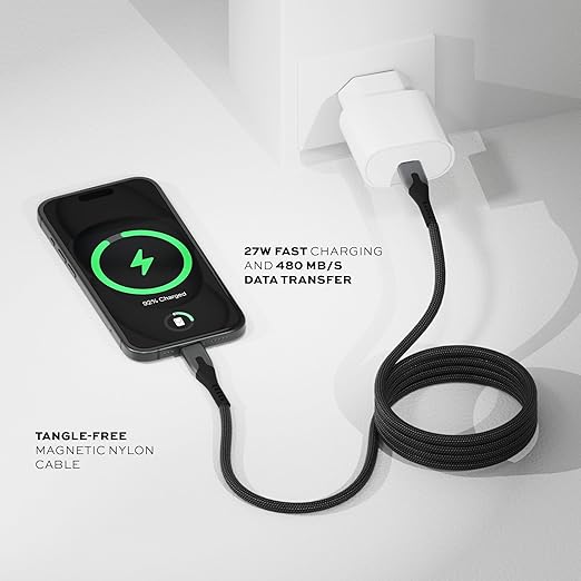 Statik MagStack USB to USB C Cable, A to Type C Charger Fast Charging Phone Charger Cord, On The Go Magnetic Charging Cable for Car, Compatible with iPhone 16 Pro Max, 15, Galaxy S24, 27W 3FT/1M