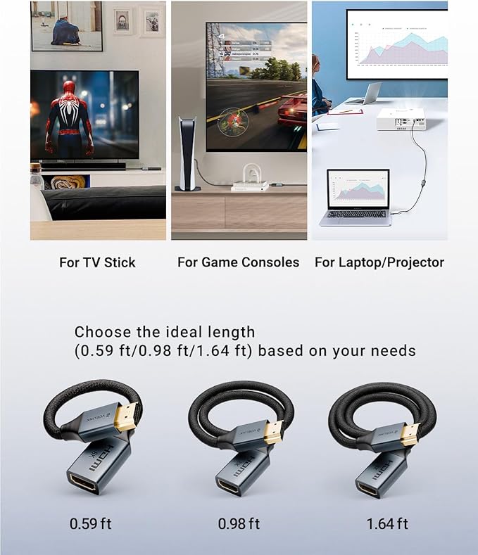 VCELINK 8K Short HDMI Extender Cable 0.6 FT Ideal for Tight Spaces, HDMI Extension Male to Female Adapter, Compatible with Roku TV Stick, HDTV, Game Console, Laptop (1 Pack, 1FT)