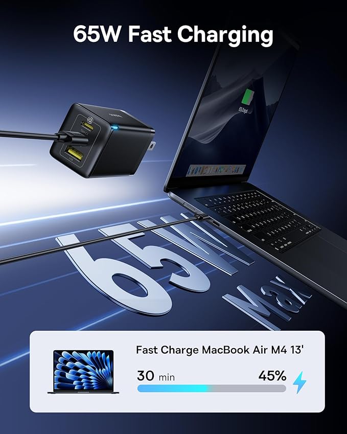 Baseus 2 Pack 65W USB C Charger Block, PPS 3-Port Fast Compact Foldable USB C Charger for MacBook, iPad Pro, Galaxy S24, iPhone 16/15 and More Series