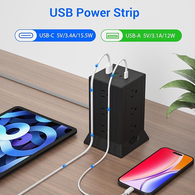 Power Strip Tower with Multiple Outlets, 10 Ft Extension Cord Flat Plug with 12 AC Outlets 4 USB Ports (2 USB C), Power Tower Surge Protector with Individual Switches for Home Office Dorm Room, Black