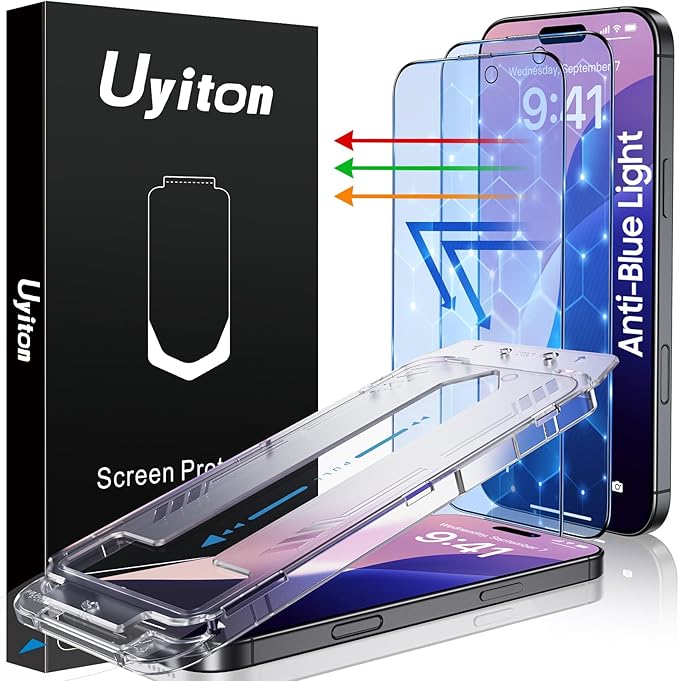 Uyiton Compatible with iPhone 16 Screen Protector (Anti-Blue Light) - [Easy to Install] Shatterproof Full Coverage [Case Friendly] 9H Tempered Glass Screen Protector for iPhone 16, 2 Pack