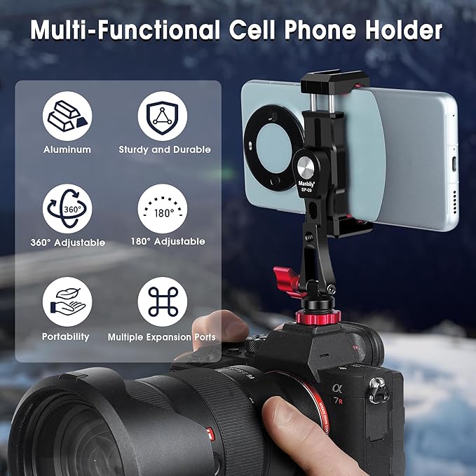Manbily Phone Tripod Mount, Metal Smartphone Mount Adapter Camera Hot Shoe Mount, 360° Swivel 180° Flip Adjustable Phone Holder for Microphone LED Light（SP-09
