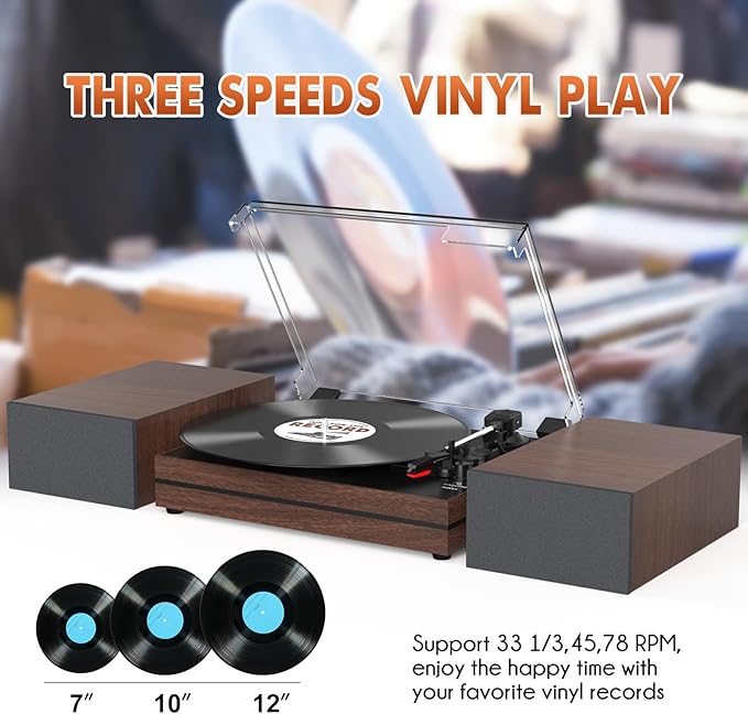 Vintage Record Player for Vinyl with Dual Separate Stereo Speakers Turntable BT Wireless Input Playback Belt Drive 3 Speed 3 Size Playback Record Player Support AUX Headphone Input RCA Out Auto Stop