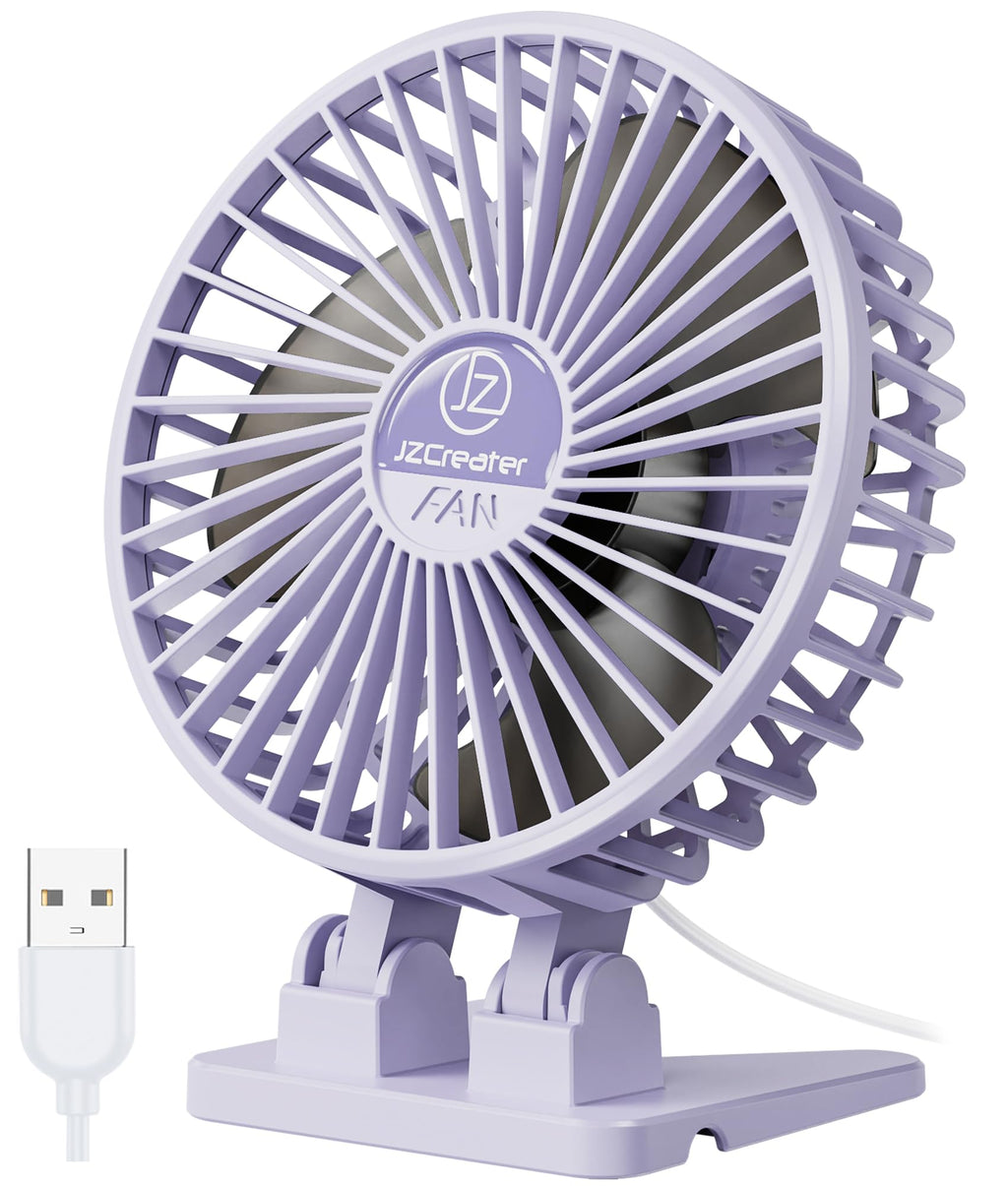 JZCreater USB Desk Fan, Mini Fan Portable, 3 Speeds Desktop Table Cooling Fan, Plug in Power Fan, Rotation Strong Wind, Quiet Personal Small Fan for Home Desktop Office Travel Bedroom, Purple