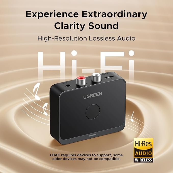 UGREEN Bluetooth 6.0 Receiver with LDAC, Hi-Res Wireless Audio Adapter with Low Latency, for Old Stereo/Speakers/Wired Speakers/Home Audio Music Streaming Stereo System