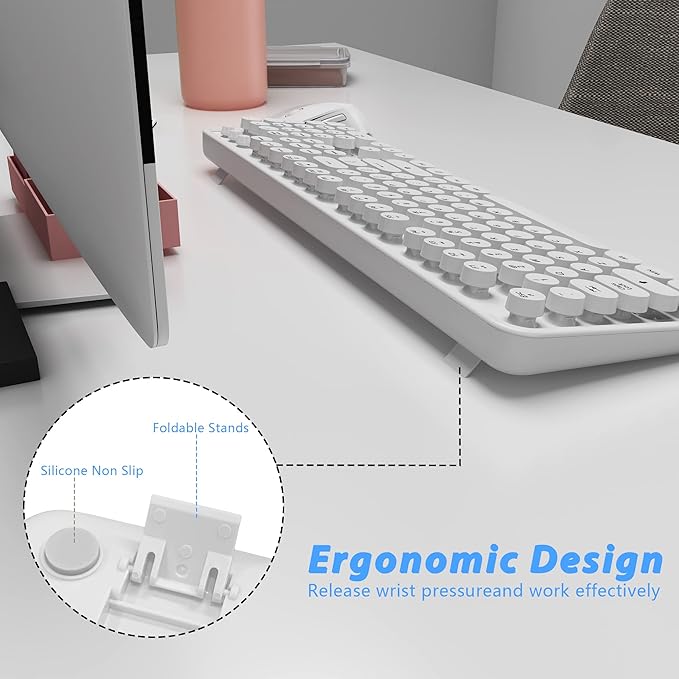 Wireless Keyboard Mouse Combo, 104 Keys Cute White Keyboard with Number Pad & Mouse for Windows, Computer, PC, Notebook, Laptop (White)