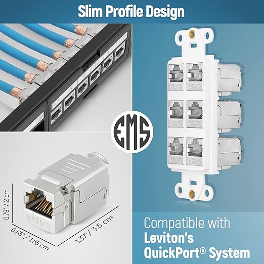 Everest Media Solutions RJ45 Shielded Keystone Jack - 6-Pack - Slim Profile, 90 Degrees, F/STP Female Connector - Tested for CAT5e, CAT6, CAT6A, CAT7 - up to 10GB Speed