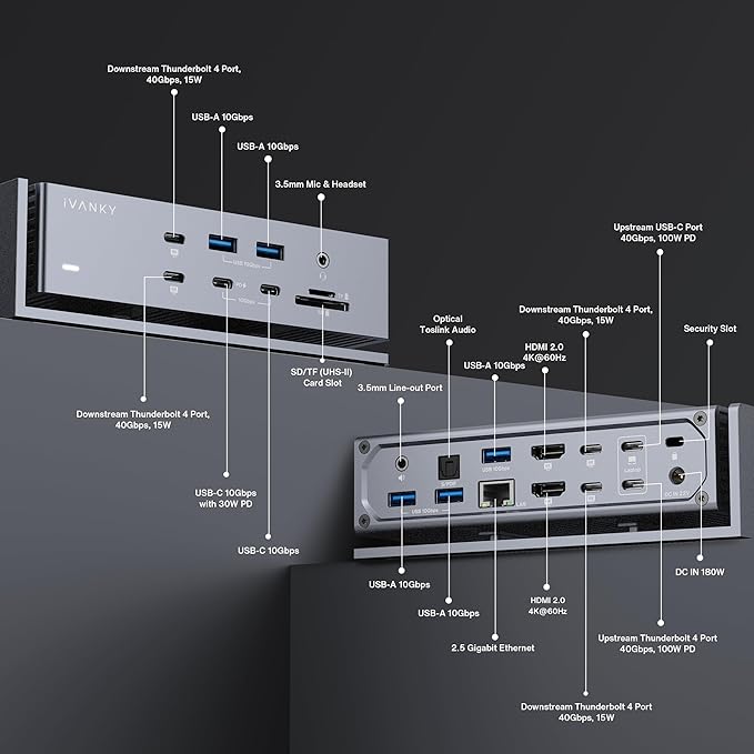 iVANKY FusionDock Max 1 Dual Thunderbolt 4 Chips, 20-in-1 Quad 6K@60Hz Monitor MacBook Docking Station, 40Gbps Dock for Mac M1/M2/M3 Pro/Max, 2HDMI 2.0, 96W PD, 10Gbps USB, 2.5 GbE, Silver