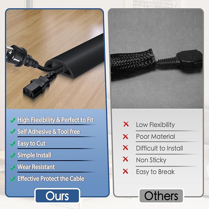 Floor Cord Cover for Wires on Floor Self Adhesive Cord Hider Floor Cable Management Wire Covers for Cords Protector Prevent Cable Trips Cord Cavity W 0.51" x H 0.31", Black, 20Ft