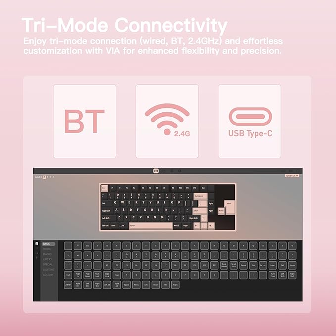 KEEBMONKEY WOBKEY Rainy 75 CNC Aluminum HMX/JWK/Cocoa Switches Triple-Mode Connectivity Mechanical Keyboard with Superior Acoustics, RGB/PP/Mirrored Glass/3500mAh/Violet Switch (Standard - Pink)