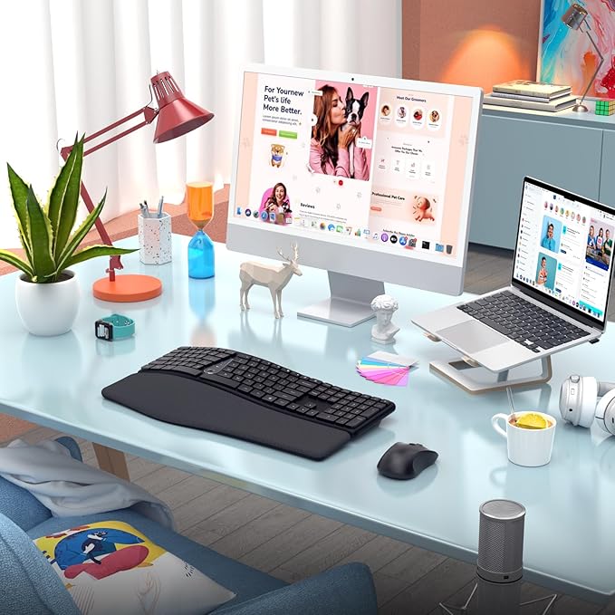 Wireless Ergonomic Keyboard, Split Keyboard with Wrist Rest and Cleaning Brush, 2.4G Computer Keyboard, Comfortable and Natural for Windows PC Laptops