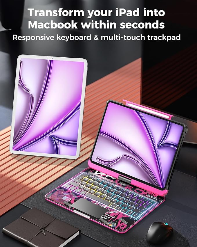 SIEBITU Clear Wireless Keyboard Case for iPad Air 13-inch (M3 2025/M2 2024) & iPad Pro 12.9-inch 6th 5th 4th 3rd Gen with Pencil Holder, Multi-Touch Trackpad & 7-Color Backlit, 360°Rotating, Pink