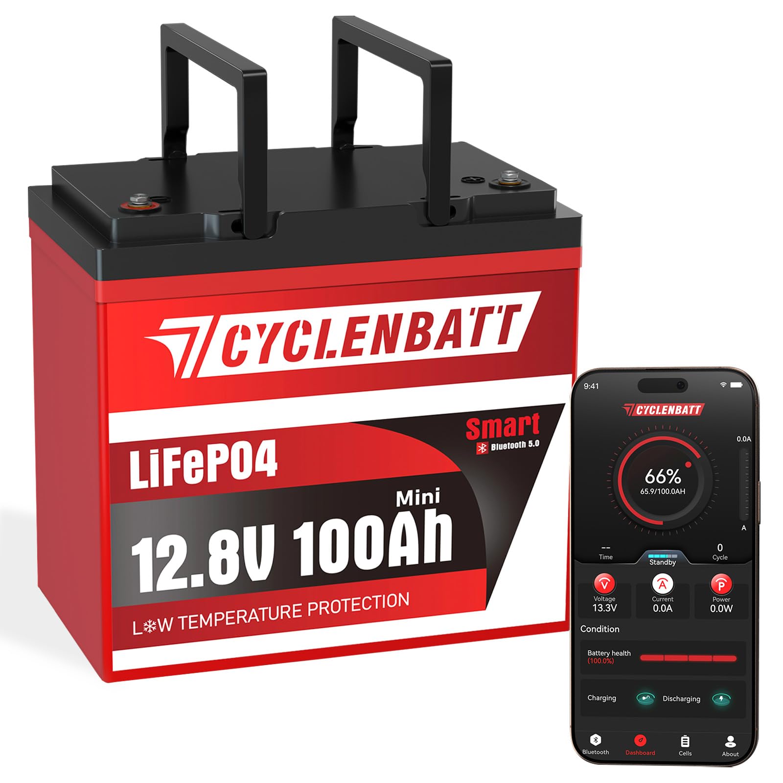 CYCLENBATT 12V 100Ah Mini Bluetooth LiFePO4 Battery, Low-Temp Protection