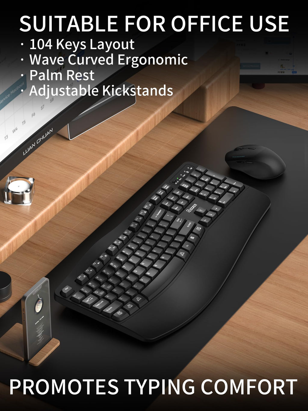 Wireless Keyboard and Mouse Combo,2.4G Full Size Wave Keys Ergonomic Keyboard with Wrist Rest for Natural Typing, 3 DPI Adjustable Ergonomic Silent Mouse for Computer/Laptop/Windows/Mac (Black)