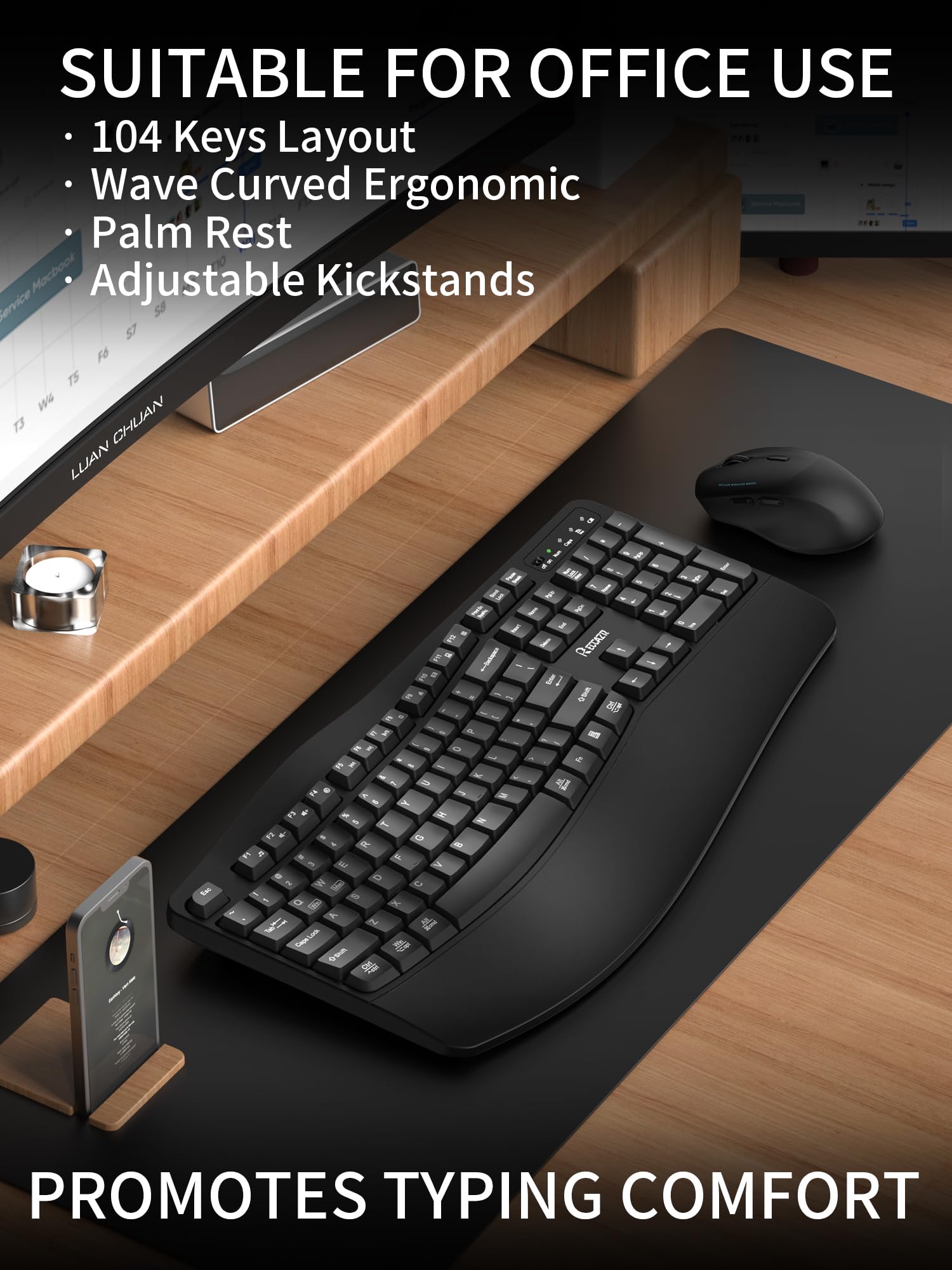 Wireless Keyboard and Mouse Combo,2.4G Full Size Wave Keys Ergonomic Keyboard with Wrist Rest for Natural Typing, 3 DPI Adjustable Ergonomic Silent Mouse for Computer/Laptop/Windows/Mac (Black)