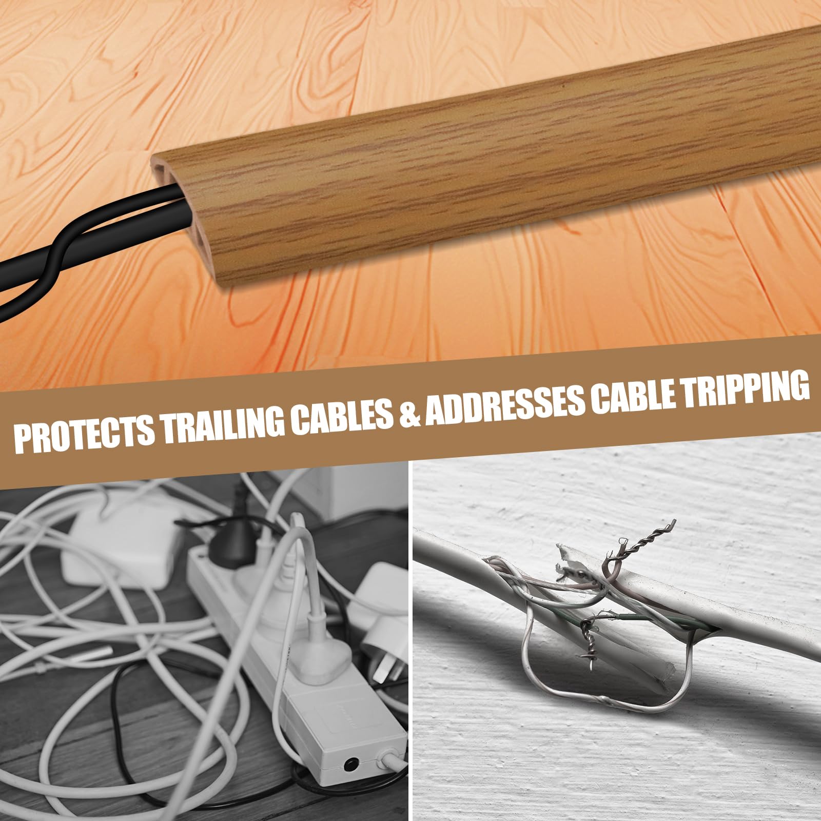 Floor Cord Cover Self Adhesive Cord Hider,10FT Cable Management, Extension Strip Protector for Wires, Prevent Cable Trips for Offices, Gyms, Exhibitions Cavity:0.3"(W) x 0.28"(H) Brown Wood