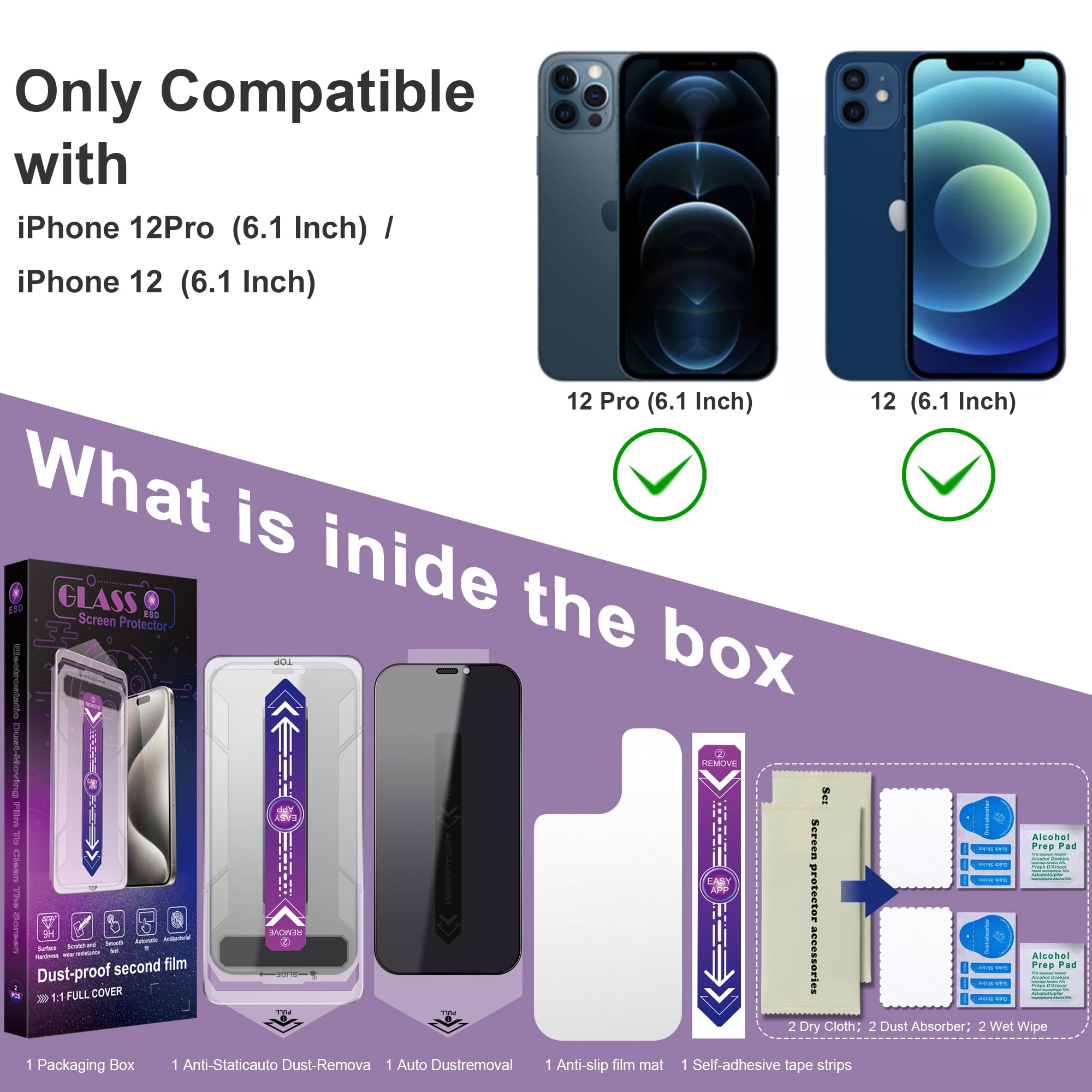 CHRYSHA 2-Pack Privacy Screen Protector for iPhone 12 Pro and iPhon 12 6.1-Inch, Auto Dust Removal, No Bubbles,Anti-Spy Tempered Glass Film, Easy Installation