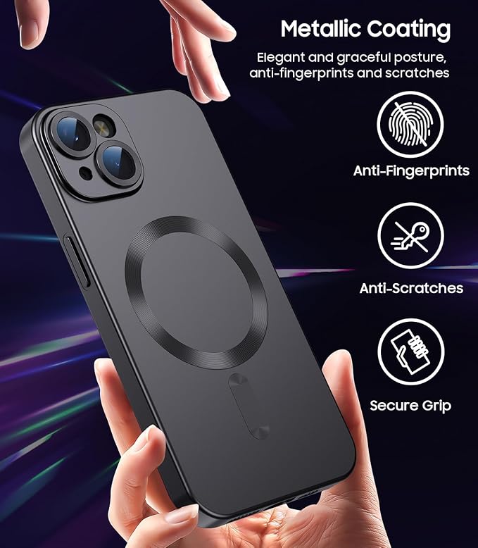 Magnetic for iPhone 15 Case [Compatible with MagSafe][Built-in Camera Lens Protector] Slim Soft Silicone Bumper Shockproof Metallic Shine Phone Case (Black)