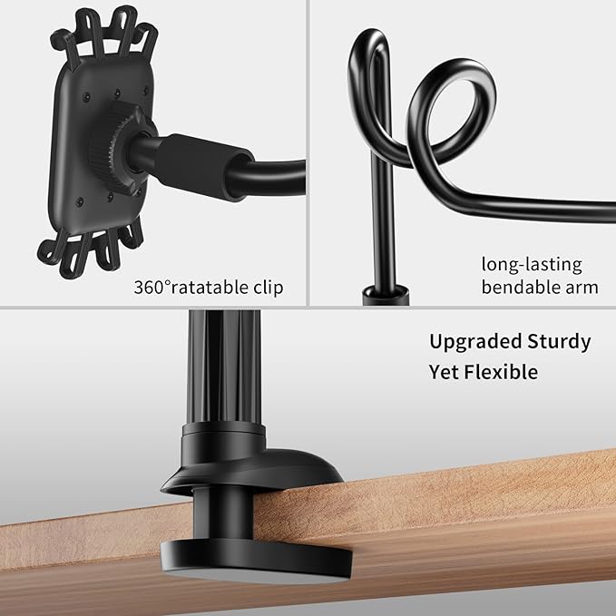Gooseneck Kindle Holder for Reading in Bed - [Anti-Slip] Phone Holder for Bed, Kindle Paperwhite Stand Accessories, Overhead Cell Phone Clamp Mount for Desk, for Tablets 4-10 inches