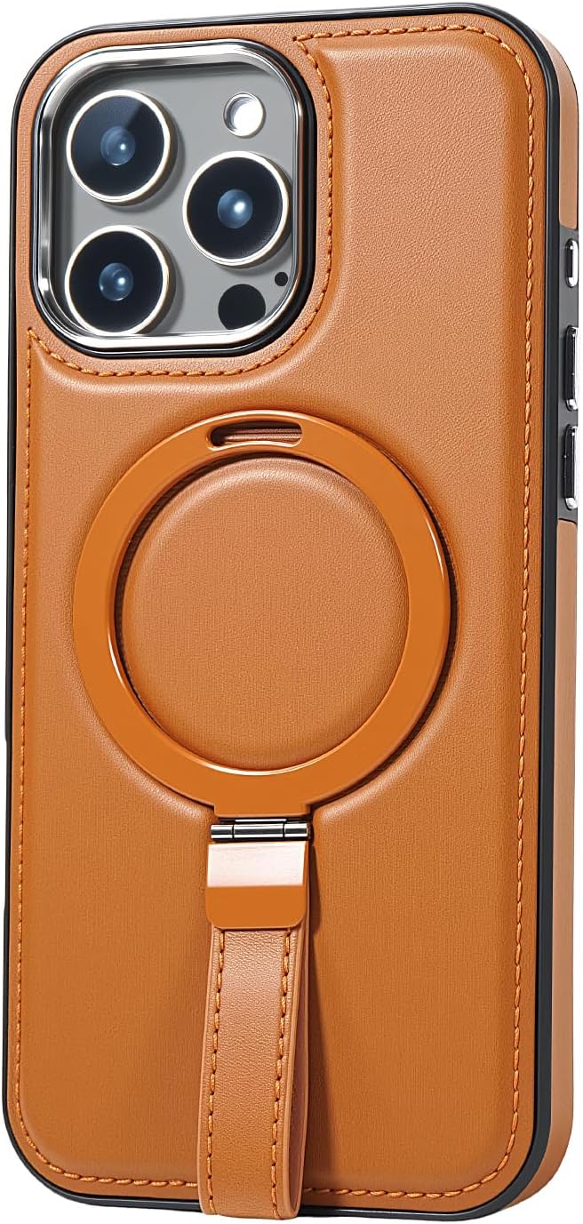 Leather Case, Suitable for iPhone 16 Pro Case, Invisible Magnetic Design, Equipped with a Lanyard and Foldable Stand, Black, Yellow and red (Black, iPhone 16 Pro)