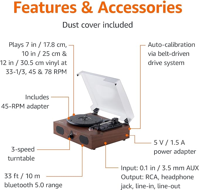 Amazon Basics Desktop Turntable Vinyl Record Player with Bluetooth and Built-in Speakers, 3-Speed, Black