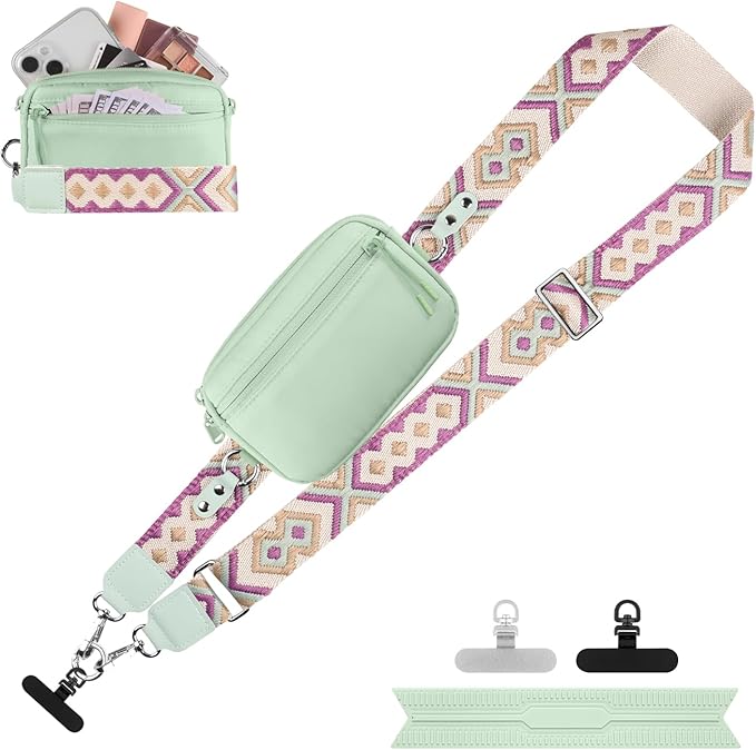 Clip and Go Strap for Phone with Wallet Crossbody, Adjustable Phone Lanyard with Detachable RFID Wristlet Wallet, Pattern Strap, Green (M)