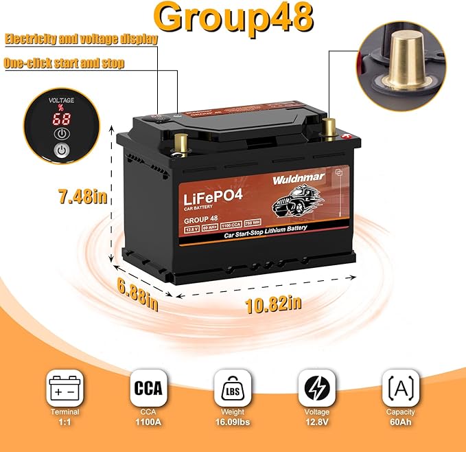 LiFePO4 Lithium Start-Stop Car Battery - 12V 60Ah, Fast Charging, Reliable Power for Modern Vehicles