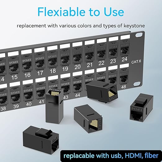 Patch Panel 48 Port Cat6 with Coupler Keystone, Cat6 Network Patch Panel 10G No Punch Down, Time-Saver Ethernet 2U Rj45 Panel with Sturdy Back Bar, 19 Inch Coupler Network Panel
