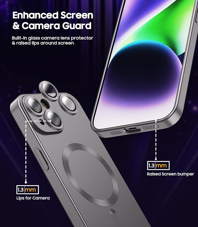 Magnetic for iPhone 15 Case [Compatible with MagSafe][Built-in Camera Lens Protector] Slim Soft Silicone Bumper Shockproof Metallic Shine Phone Case (Gray)