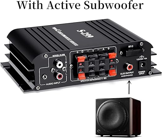 4.1 Channel Bluetooth 5.0 Mini Audio Amplifier Receiver, 4×50 W + Active Subwoofer SUB Jack Output – Hi‑Fi Car & Home Amplifier for Speaker