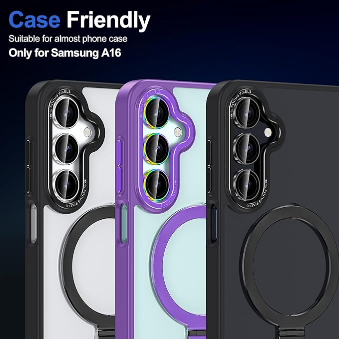 for Samsung Galaxy A16 Camera Lens Protector, Individual Metal Ring Tempered Glass Lens Cover, [Strong Adsorption] Scratch Resistant Ultra-Thin HD Clear Lens Cover, 1 Set-Black Ring