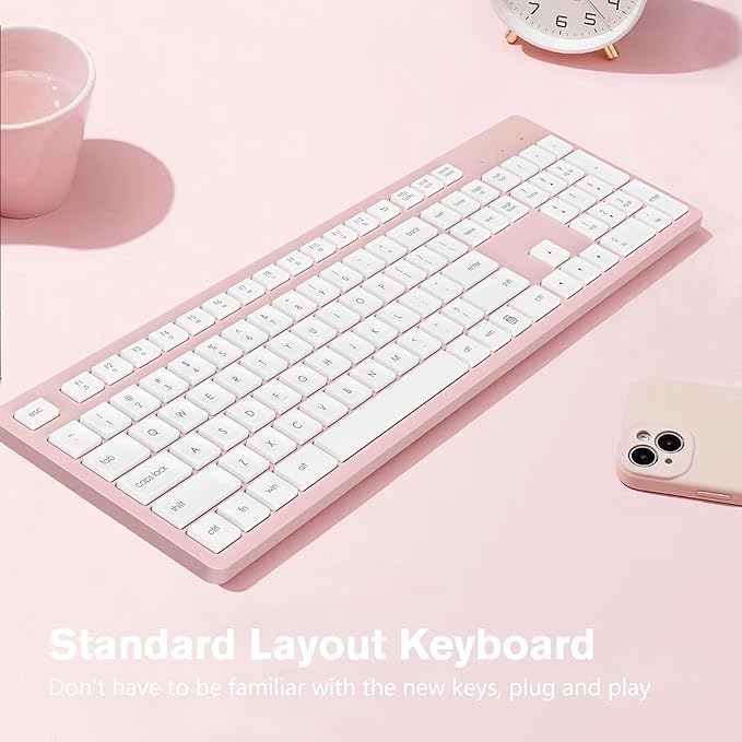 LeadsaiL Pink Wireless Keyboard, 2.4GHz Full-Sized Ergonomic Computer Keyboard, Cordless Noiseless Keyboard,12 FN Shortcuts for Windows MacOS Laptop Computer
