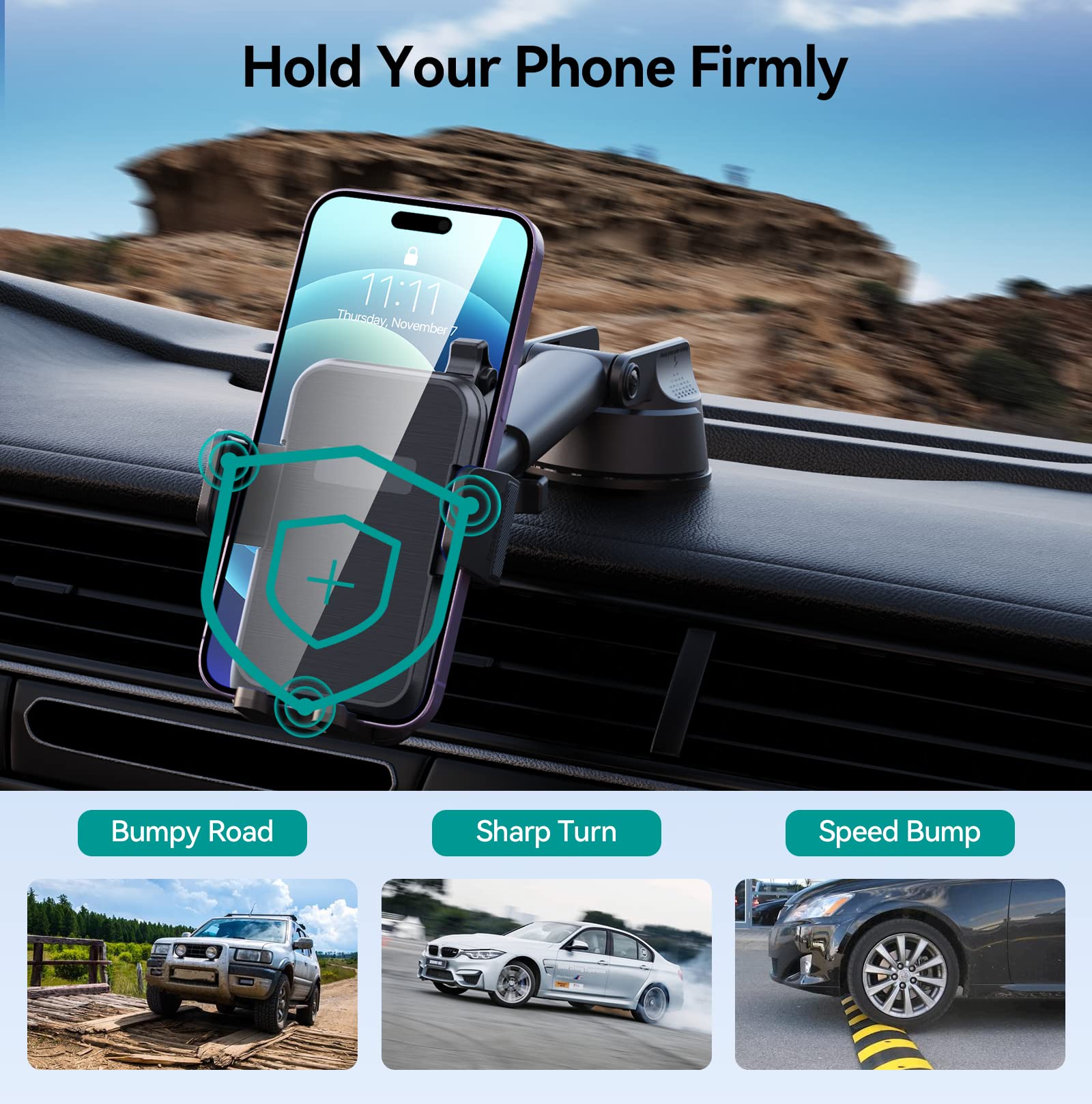 DOLYOFG Car Phone Holder Mount, [Military-Grade Suction & Super Sturdy Base] 3 in 1 Universal Phone Mount for Car Dashboard Windshield Air Vent Dash Pad Car Mount for iPhone Android Smartphone