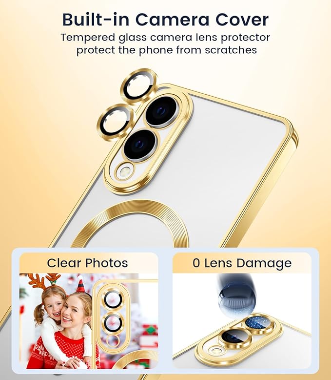 Slim Thin for Samsung Galaxy S25 Edge Case, Compatible with MagSafe, Built-in Camera Lens Protector, Shockproof Protective Phone Case, Soft Electroplated Clear Cover, Gold