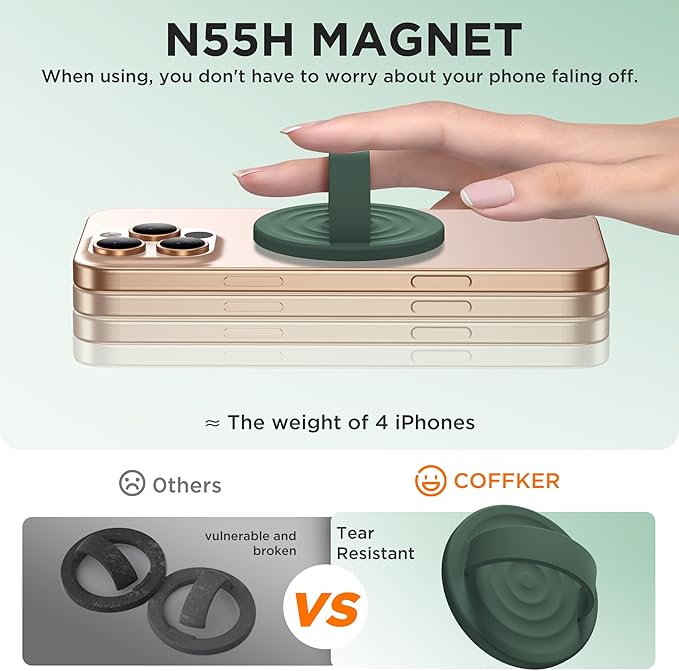Magnetic Phone Ring Grip Holder, Silicone Finger Loop Grip, Compatible with MasSafe, Back of Phone for iPhone Pro Max/Plus/16/15/15/14/13/12 Series, Alpine Green