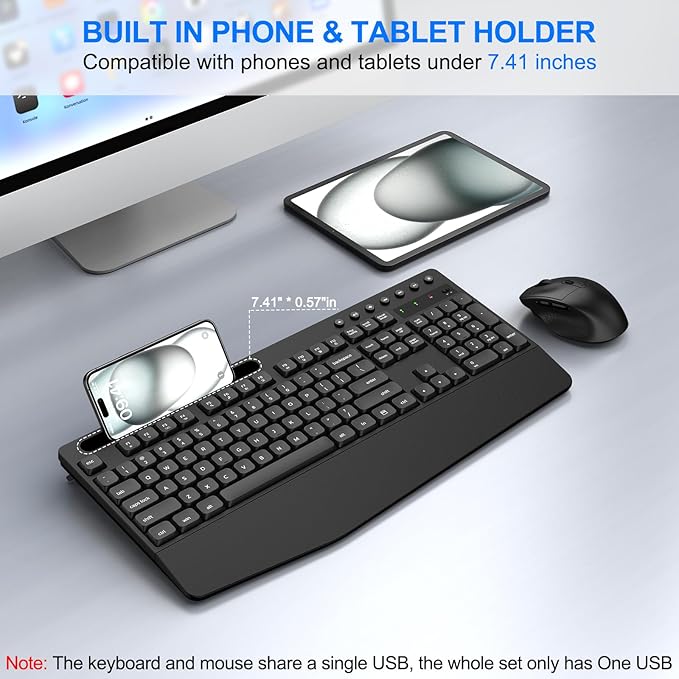 EDJO Wireless Keyboard and Mouse Combo, Full-Size Ergonomic Wireless Computer Keyboard with Wrist Rest, Phone Holder, Sleep Mode, Comfortable Natural Typing Set for Windows, Laptop, Mac, PC