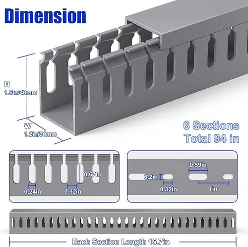 1.6"H x 1.2"W Cable Raceway, 99in Under Desk Wire Management Channel, Grey