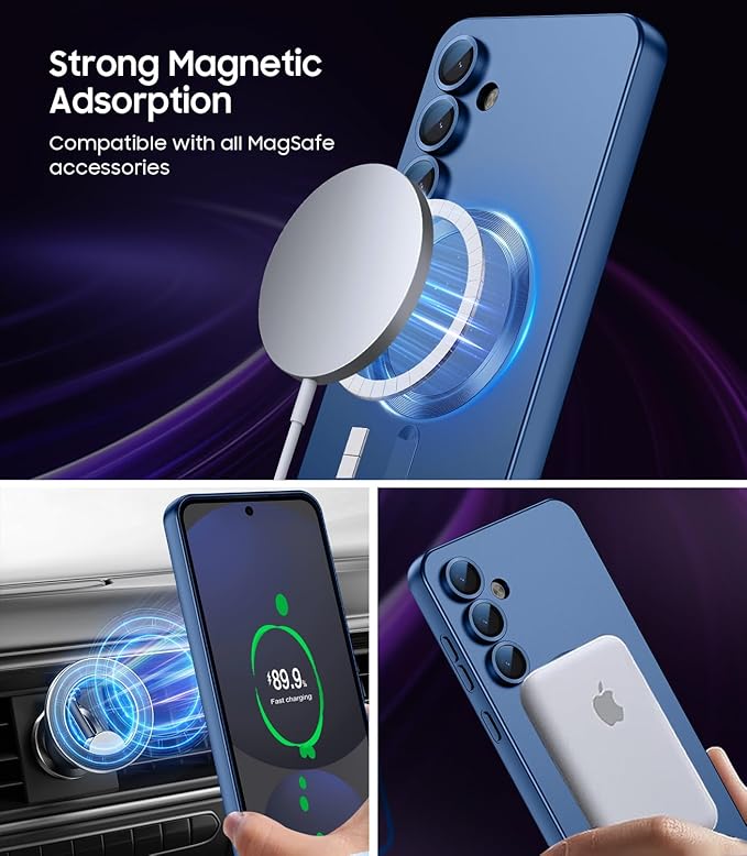 Magnetic for Samsung Galaxy S24 FE Case [Compatible with MagSafe][Built-in Camera Lens Protector] Slim Soft Silicone Bumper Shockproof Metallic Luster Phone Cover (Blue)