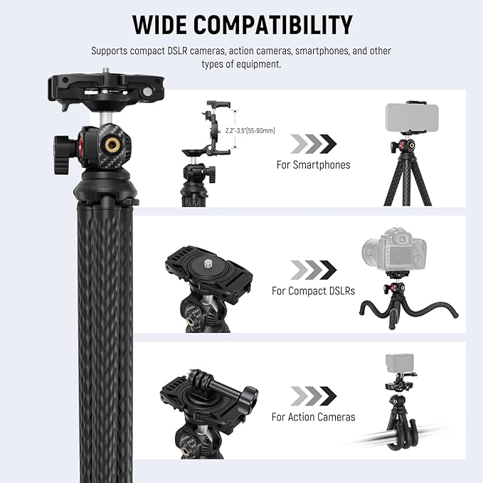 NEEWER Camera Tripod with Remote, Mini Flexible Vlog Phone Tripod Stand with Action Camera Mount Adapter, Hidden Phone Holder & Cold Shoe Compatible with iPhone Hero13 12 11 10 9, Max Load 4.4lb, TP34